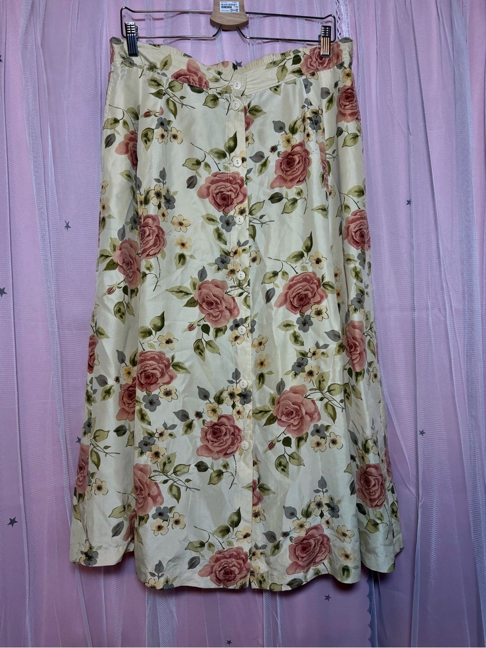 Anna And Frank Vintage Cream Midi Skirt with Pink Rose Print